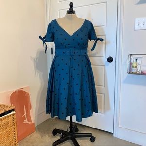 Unique Vintage Deep Teal Polka-Dot Sweetheart Swing Dress w/ belt